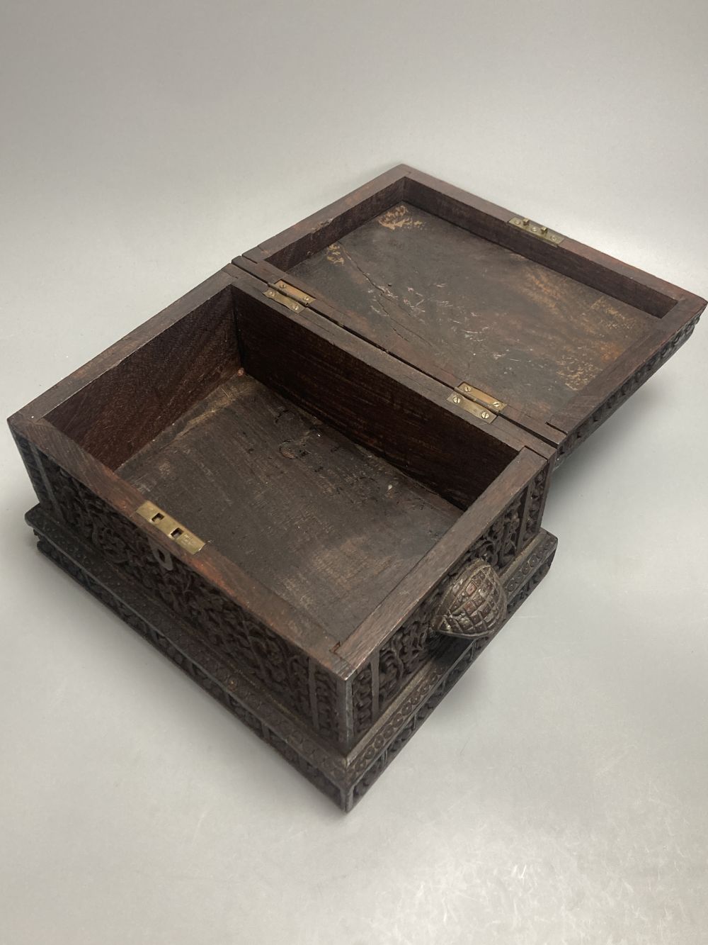 A Middle-Eastern mosaic box inlaid in bone and mother of pearl, 31.5cm and a carved padouk box, 27cm